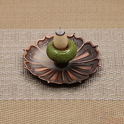 Olive Drab Porcelain Incense Burners Holder, with Alloy Flower Base, Buddhism Aromatherapy Furnace Home Decor, Olive Drab, 88x28mm