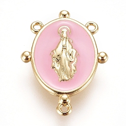 Pink Golden Plated Brass Chandelier Component Links, with Enamel, Oval with Virgin Mary, Pink, 17.5x13x2mm, Hole: 0.8mm