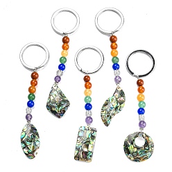 Mixed Shapes Abalone Shell Keychain, with Alloy Key Rings and Gemstone Beads, Mixed Shapes, Mixed Shapes, 10.1~10.8cm, pendant: 73~83x15~16x6.5mm