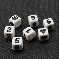 White Symbol Acrylic Beads, Cube, Cube, White, 7x7x7mm, Hole: 4mm