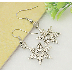 Antique Silver Tibetan Style Snowflake Earrings, with  Tibetan Style Pendant and Brass Earring Hook, Antique Silver, 44mm
