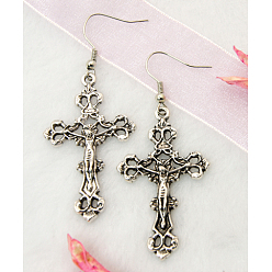 Antique Silver Fashion Cross Earrings, with Tibetan Style Pendant and Brass Earring Hooks, Antique Silver Color, 57mm
