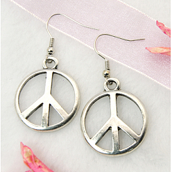 Platinum Fashion Peace Sign Earrings, with Tibetan Style Pendant and Brass Earring Hook, Platinum, 44mm