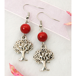 Red Fashion Tree of Life Earrings, with Tibetan Style Pendant, Glass Beads and Brass Earring Hook, Red, 50mm