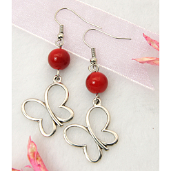 Red Dangle Butterfly Earrings, with Tibetan Style Pendant, Glass Beads and Brass Earring Hook, Red, 53mm