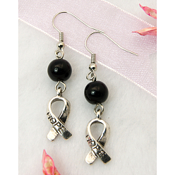 Black Dangle Awareness Ribbon Earrings, with Tibetan Style Pendant, Glass Beads and Brass Earring Hook, Black, 47mm