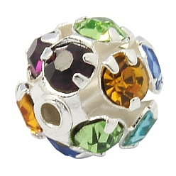Colorful Brass Rhinestone Beads, with Iron Single Core, Grade A, Silver Metal Color, Round, Colorful, 8mm in diameter, Hole: 1mm