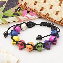 Colorful Fashion Bracelets for halloween, with Colorful Skull Synthetic Turquoise Beads, Glass Beads and Nylon Thread, Colorful, 53~90mm