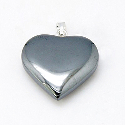 Non-magnetic Hematite Magnetic Synthetic Hematite Pendants, with Iron Pinch Bail, Heart, Black, 20x20x5mm, Hole: 2x5mm