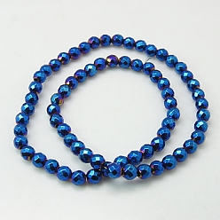Plaqué Bleu Non-magnétiques perles d'hématite synthétique brins, Grade a, couleur plaquée, facette, ronde, bleu plaqué, 12mm, Trou: 1mm