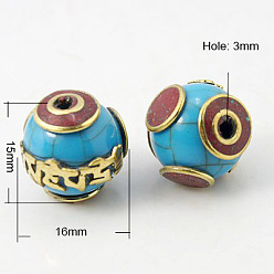 Doré  Perles de style à la main tibétains, avec turquoise, métal couleur or, ronde, 16x15mm, Trou: 3mm