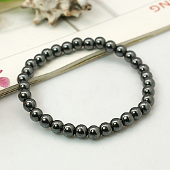 Black Fashion Non-Magnetic Synthetic Hematite Bracelets, with Elastic Crystal Thread, Black, 55mm