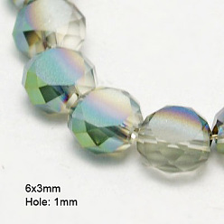 Gris Abalorios de vidrio electroplate, medio chapado, facetados, esmerilado, plano y redondo, gris, 6x3 mm