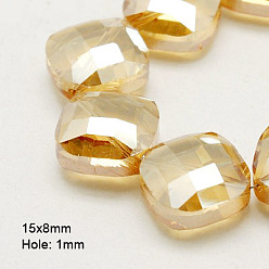 Verge D'or Perles en verre electroplate, demi-plaqué, facette, carrée, verge d'or, 15x15x8mm, Trou: 1mm