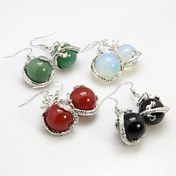 Mixed Stone Fashion Gemstone Earrings, with Brass Earring Hooks, Mixed Color, 42x20mm, Pin: 0.7mm