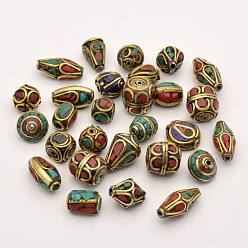 Antique Golden Handmade Tibetan Style Beads, Brass with Synthetic Coral and Turquoise, Antique Golden, 8~25x8~13mm, Hole: 1~2.5mm