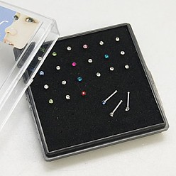 Mixed Color 304 Stainless Steel Nose Studs, Nose Bone Rings Nose Piercing Jewelry, with Grade A Rhinestones, Stainless Steel Color, Mixed Color, 9mm, Pin: 20 Gauge(0.8mm), Rhinestone: 1.8mm, 24pcs/box