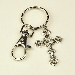 Antique Silver Tibetan Style Crucifix Cross Keychain, with Iron Key Clasp Findings and Alloy Swivel Clasps, For Easter, Antique Silver, 100mm
