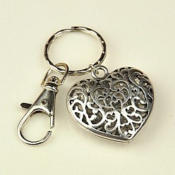 Antique Silver Valentines Day Gifts Tibetan Style Heart Keychain, with Iron Key Clasp Findings and Alloy Swivel Clasps, Antique Silver, 95mm