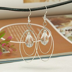 Clear Trendy Glass Teardrop Dangle Earrings, with Brass Oval Rings and Brass Earring Hooks, Clear, 65mm