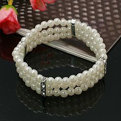 White Wedding Bracelets, Acrylic Pearl Bracelets, with Brass Rhinestone Bead Spacers, Stretchy, White, 63mm