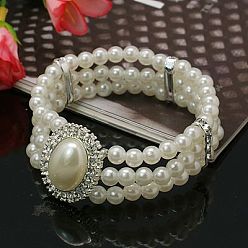 White Gift for Valentines Day to Girlfriend Acrylic Pearl Wedding Bracelets, with Brass Rhinestone Bead and Alloy Rhinestone Cabochons, Stretchy, White, 50mm