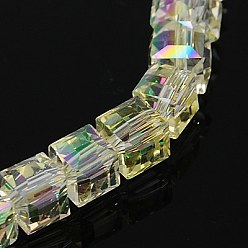 Verge D'or Pâle Perles en verre electroplate, arc-en-ciel plaqué, facette, cube, verge d'or pale, 7x7x7mm, Trou: 1mm