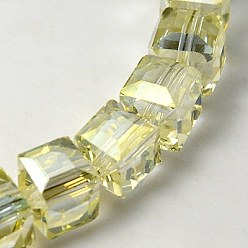 Champagne Yellow Electorplated Glass Beads, Rainbow Plated, Faceted, Cube, Champagne Yellow, 9x9x9mm, Hole: 1mm