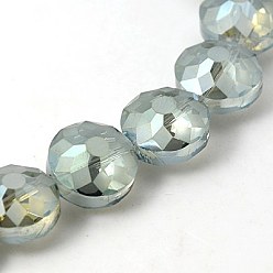 Dark Sea Green Electorplated Glass Beads, Rainbow Plated, Faceted, Flat Round, Dark Sea Green, 14x9mm, Hole: 1mm