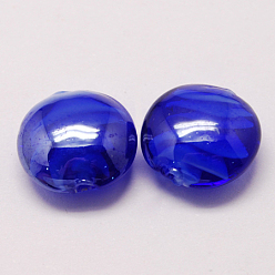 Medium Blue Handmade Lampwork Beads, Pearlized, Flat Round, Medium Blue, 20x10mm