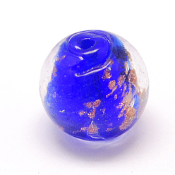 Blue Handmade Gold Sand Lampwork Beads, Round, Blue, 12mm, Hole: 1mm