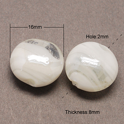 White Handmade Lampwork Beads, Pearlized, Flat Round, White, 16x8mm, Hole: 2mm