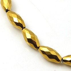 Golden Plated Non-magnetic Synthetic Hematite Beads Strands, Faceted, Rice, Golden Plated, 12x6mm, Hole: 1mm, about 34pcs/strand, 15 inch