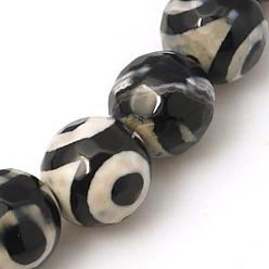 Black Tibetan Style 3-Eye dZi Beads, Natural Agate, Dyed, Faceted, Round, Black, 8mm