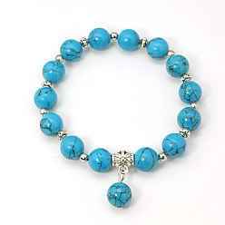 Turquoise Synthétique Bracelets de perles de pierre gemme de mode, bracelets élastiques, avec des perles anciennes en alliage d'argent, turquoise synthétique, 55mm