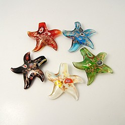 Mixed Color Handmade Lampwork Pendants, with Gold Sand and Millefiori, Starfish/Sea Stars, Mixed Color, 53x51x11mm, Hole: 6.5x5mm