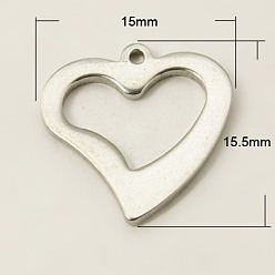 Stainless Steel Color 201 Stainless Steel Open Heart Pendants, Hollow, 15.5x15x1mm, Hole: 1mm