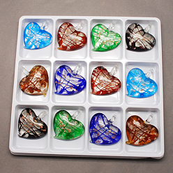 Mixed Color Handmade Silver Foil Lampwork Pendants, with Gold Sand, Heart, Mixed Color, 47~51x43~47x14~20mm, Hole: 7~12mm, 12pcs/box