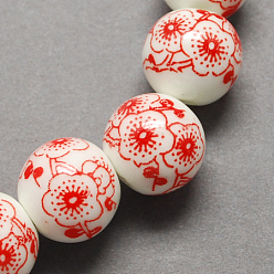 Red Handmade Printed Porcelain Beads, Round, Red, 10mm, Hole: 3mm