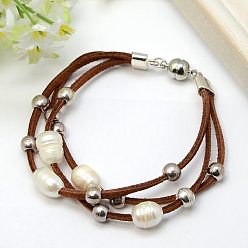 Saddle Brown Multi strand Bracelets, Faux Suede Cord with Tibetan Style Beads, Freshwater Pearl Beads, Brass Magnetic Clasps, Alloy Findings and Iron Findings, Saddle Brown, 198mm