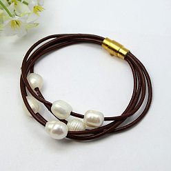 Coconut Brown Fashion Bracelets, Cowhide Leather Cord with Freshwater Pearl Beads and Brass Magnetic Swivel Clasps, Coconut Brown, 185mm