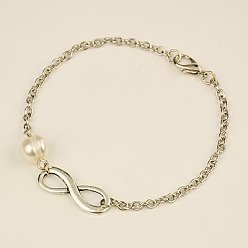 Antique Silver Fashion Tibetan Style Infinity Link Bracelets, Iron Chains with Grade A Pearl Beads and Alloy Lobster Claw Clasps, Antique Silver, 200mm