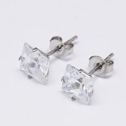Stainless Steel Color Cubic Zirconia Ear Studs, with Stainless Steel Base, Stainless Steel Color, 8x8mm, Pin: 0.7mm
