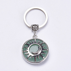 Aventurine Verte Porte-clés aventurine vert naturel, avec accessoires en laiton, plat rond avec le soleil et la lune, 64mm