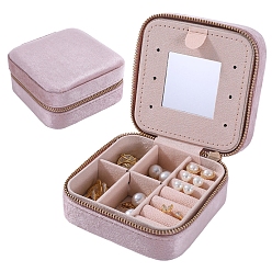 Pink Square Velvet Jewelry Organizer Zipper Boxes, Portable Travel Jewelry Case with Mirror Inside, for Earrings, Necklaces, Rings, Pink, 10x10x5cm