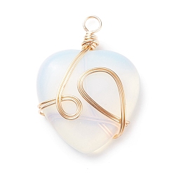 Opalite Opalite Pendants, with Golden Tone Copper Wire Wrapped, Heart, 40.5x30x8.5mm, Hole: 4.2mm