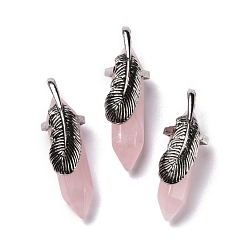 Rose Quartz Natural Rose Quartz Pendants, with Antique Silver Tone Brass Findings, Cadmium Free & Lead Free, Double Terminal Pointed Bullet with Leaf, 44~47x14~15x14~15mm, Hole: 6.2x3.5mm