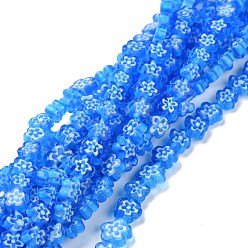 Dodger Blue Handmade Millefiori Glass Bead Strands, Flower, Dodger Blue, 6.4~9x3.2mm, Hole: 1mm, about 56pcs/Strand, 15.75''(40cm)