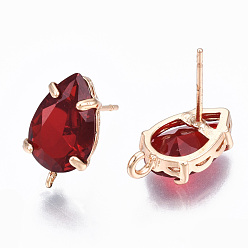 Dark Red Brass Stud Earring Findings, with Transparent Glass and Loop, Long-Lasting Plated, Teardrop, Light Gold, Dark Red, 14x8.5mm, Hole: 1.2mm, Pin: 0.7mm