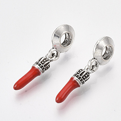 Red Antique Silver Plated Alloy European Dangle Charms, with Enamel, Large Hole Pendants, Pepper, Red, 26mm, Hole: 4mm, Pepper: 17x4mm